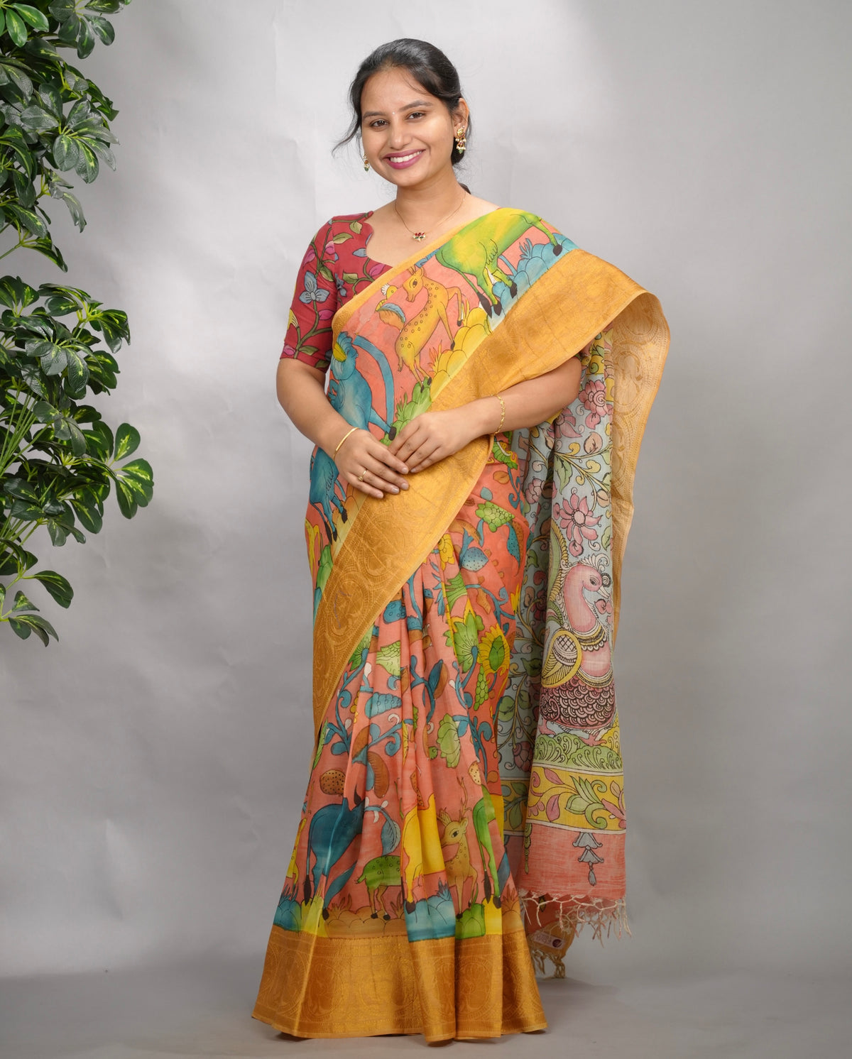 Peach Hand Drawn Pen Kalamkari Bangalore Silk Kanchi Border Saree | Looms & Tassels