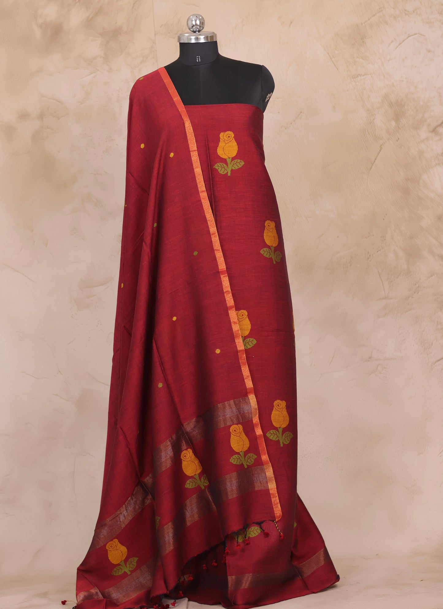 Rust Handwoven Jamdhani weaving pure Mercerised Malai cotton 2 piece suit sets | Looms & Tassels