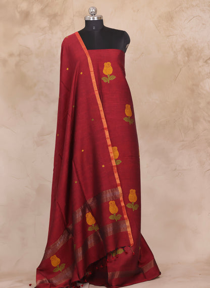 Rust Handwoven Jamdhani weaving pure Mercerised Malai cotton 2 piece suit sets | Looms & Tassels