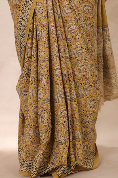 Mustard Hand Block Printed Kalamkari Cotton Saree | Looms & Tassels