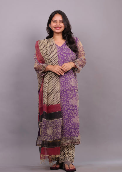 Lavender Handblock printed kota 3 piece suit (stitched)