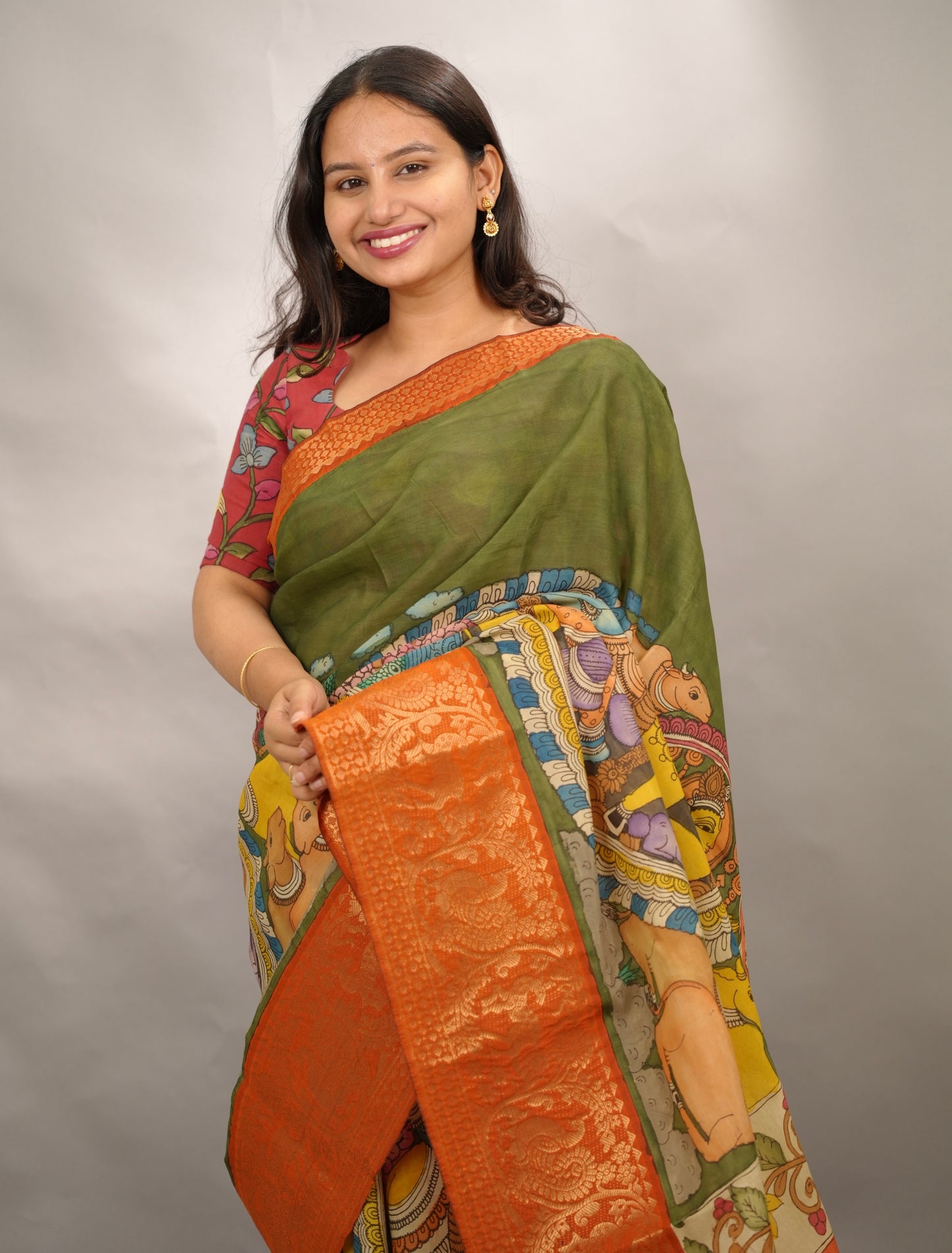 Olive Green Hand Drawn Pen Kalamkari Bangalore Silk Kanchi Border Saree | Looms & Tassels
