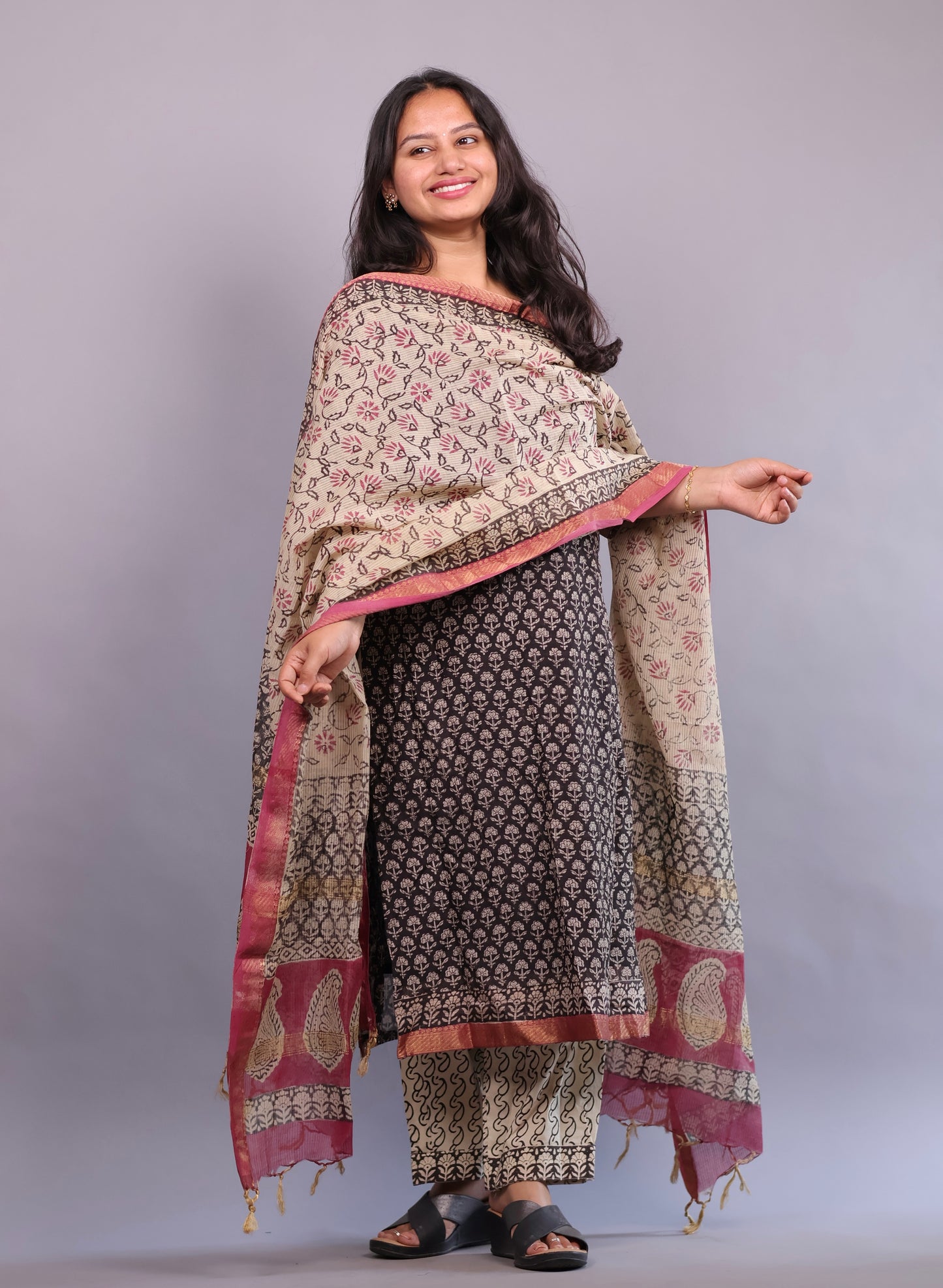 Handblock printed Pure Maheswari Silk 3 piece suit (stitched)