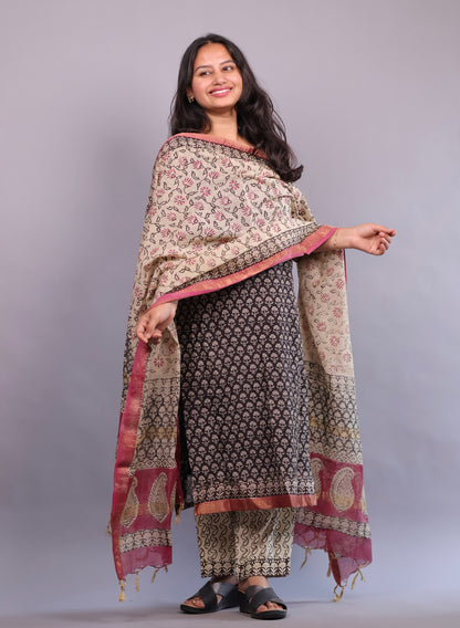 Handblock printed Pure Maheswari Silk 3 piece suit (stitched)