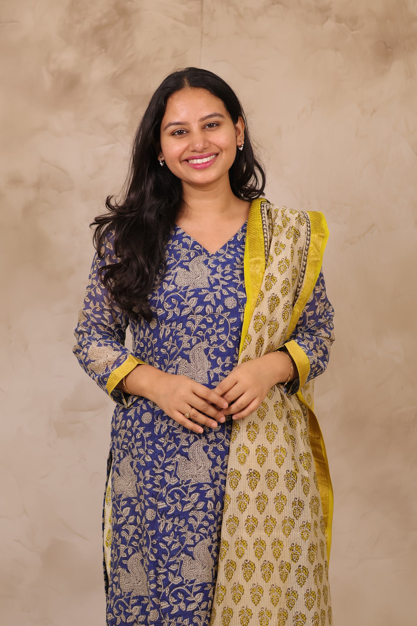 Blue Handblock printed Pure Maheswari Silk 3 piece suit (stitched)