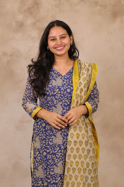 Blue Handblock printed Pure Maheswari Silk 3 piece suit (stitched)