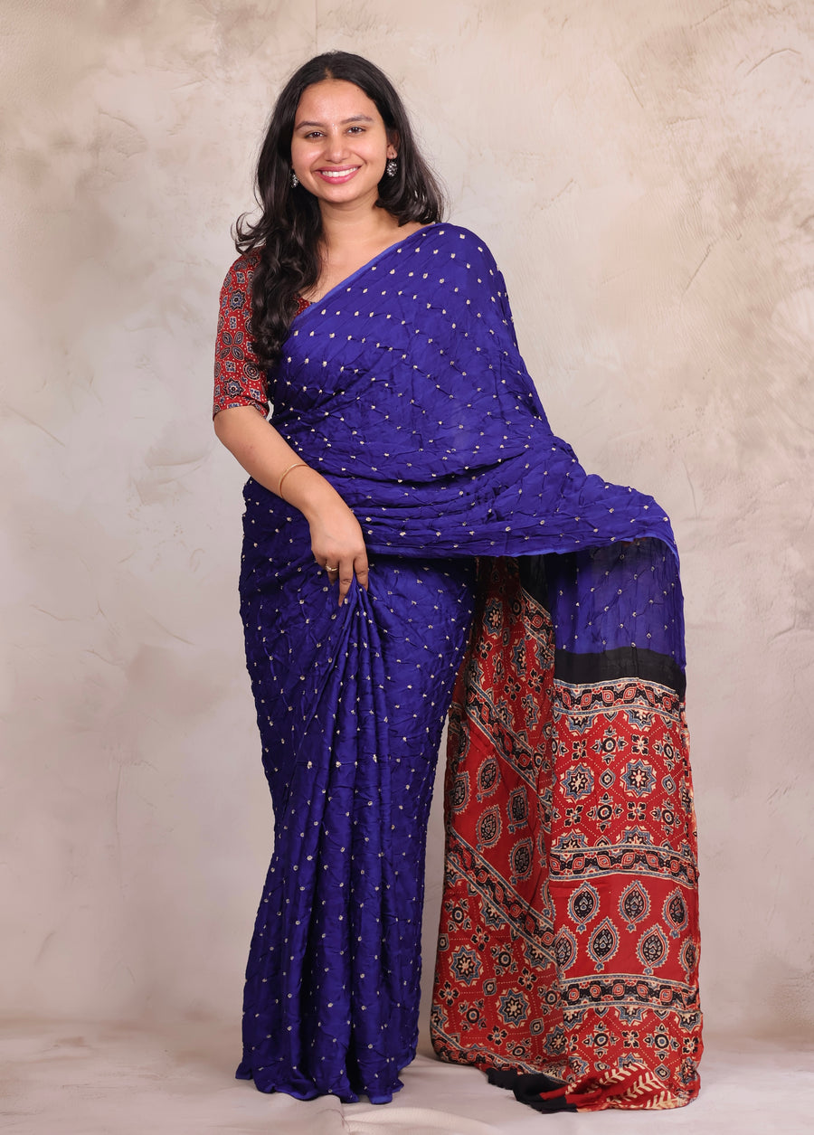 Royal Blue Hand Knotted Bandhej Modal Silk Saree with Ajrakh Pallu | Looms & Tassels