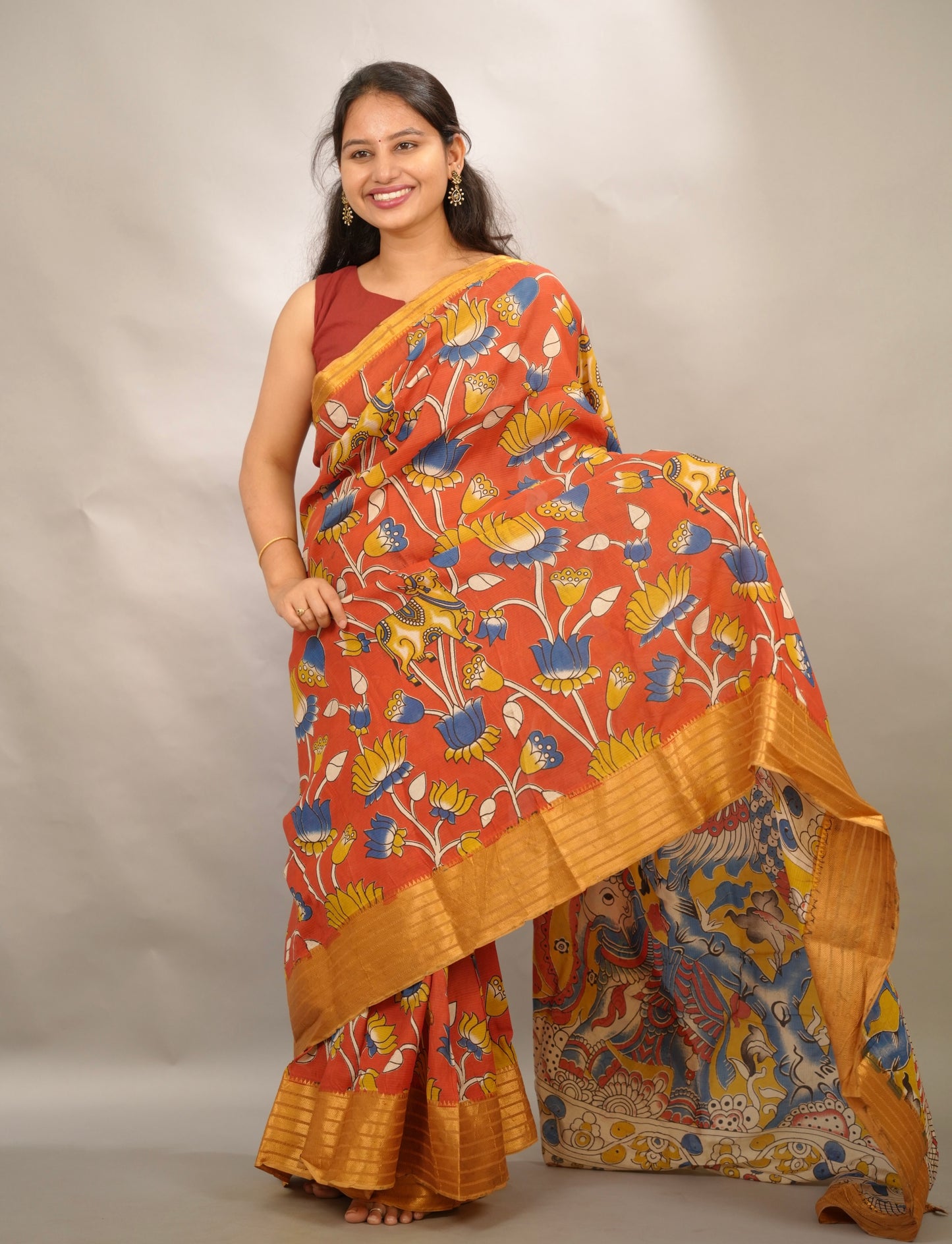 Rust Orange Kanchi border Kalamkari Chennur Silk Saree | Looms & Tassels
