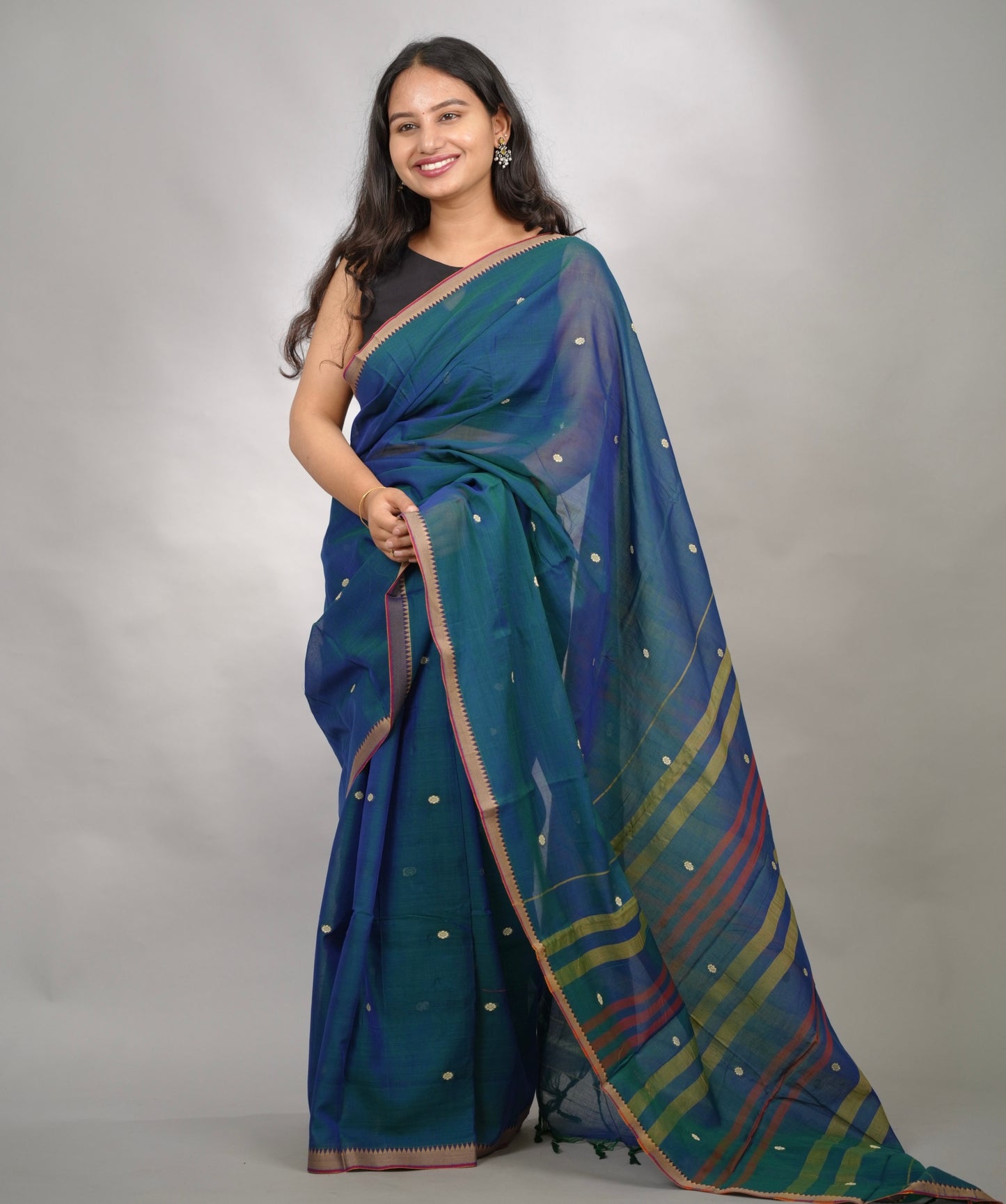 Peacock Blue Narayanpet Cotton Saree With Butta Weaving | Looms & Tassels