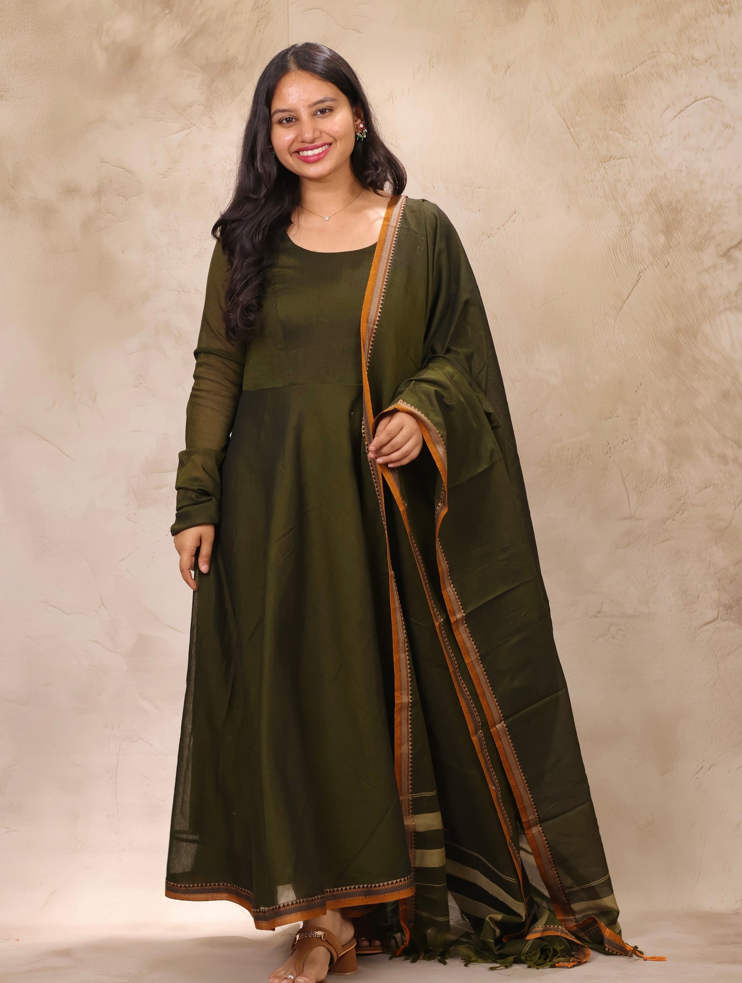 Mehendi Green Narayanpet Cotton Anarkali Dress with Narayanpet Dupatta | Looms & Tassels