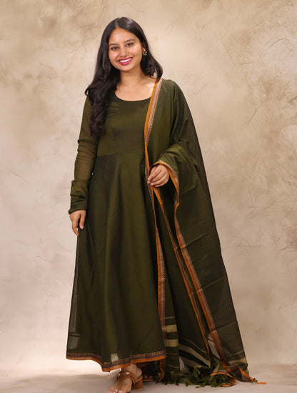 Mehendi Green Narayanpet Cotton Anarkali Dress with Narayanpet Dupatta | Looms & Tassels