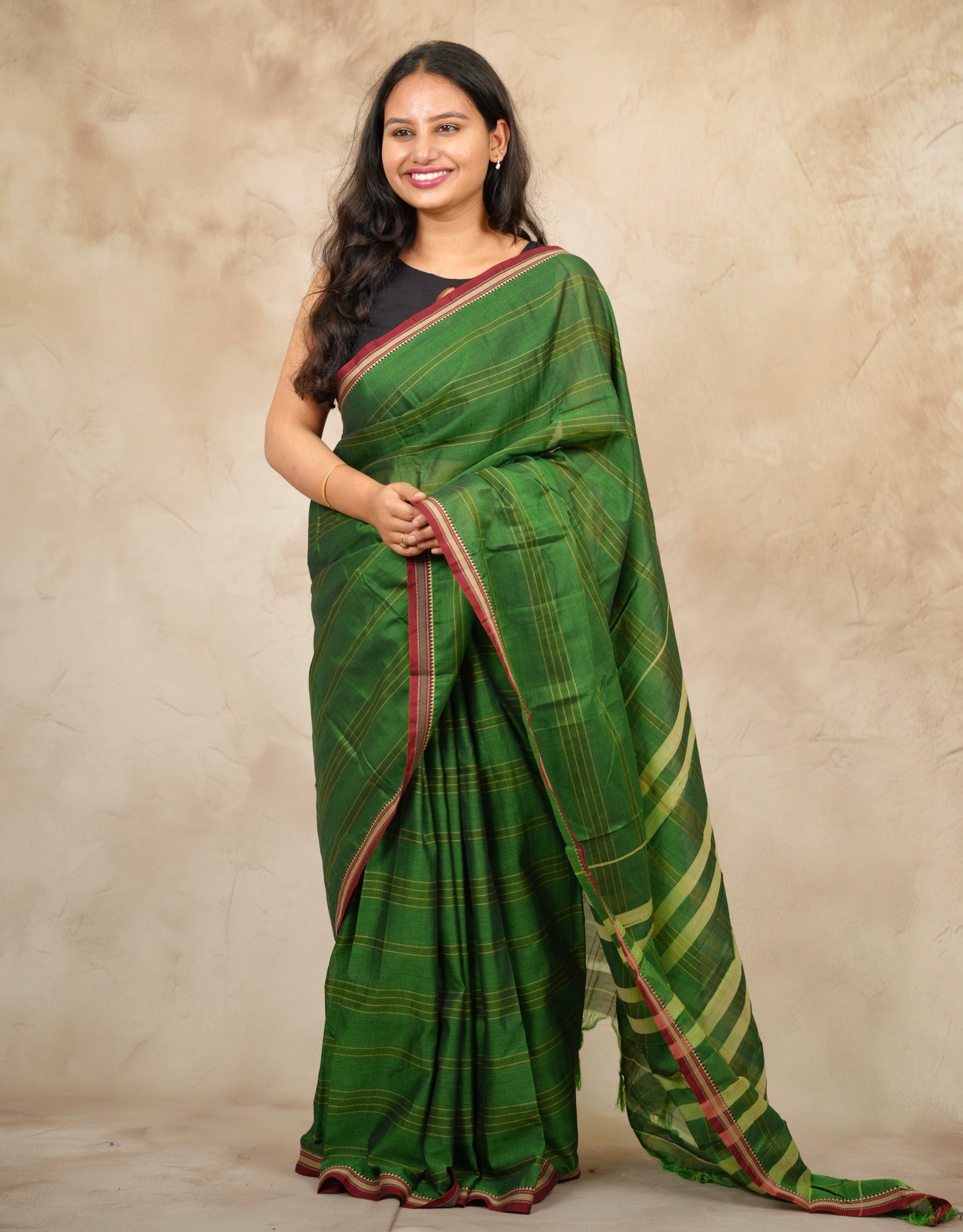 Green Narayanpet Cotton Saree lines weaving | Looms & Tassels