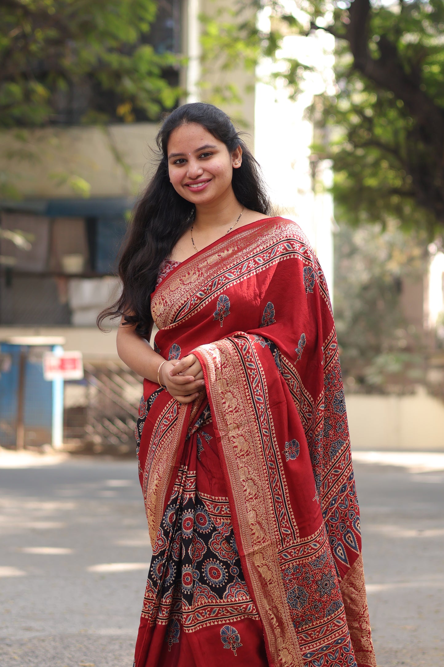Red & Black Authentic Ajrakh Handblock Printed Dola Silk Saree | Looms & Tassels