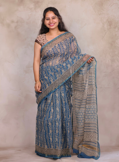 Teal Blue Pure Kota Doria Saree with Bagru Handblock Prints | Looms & Tassels