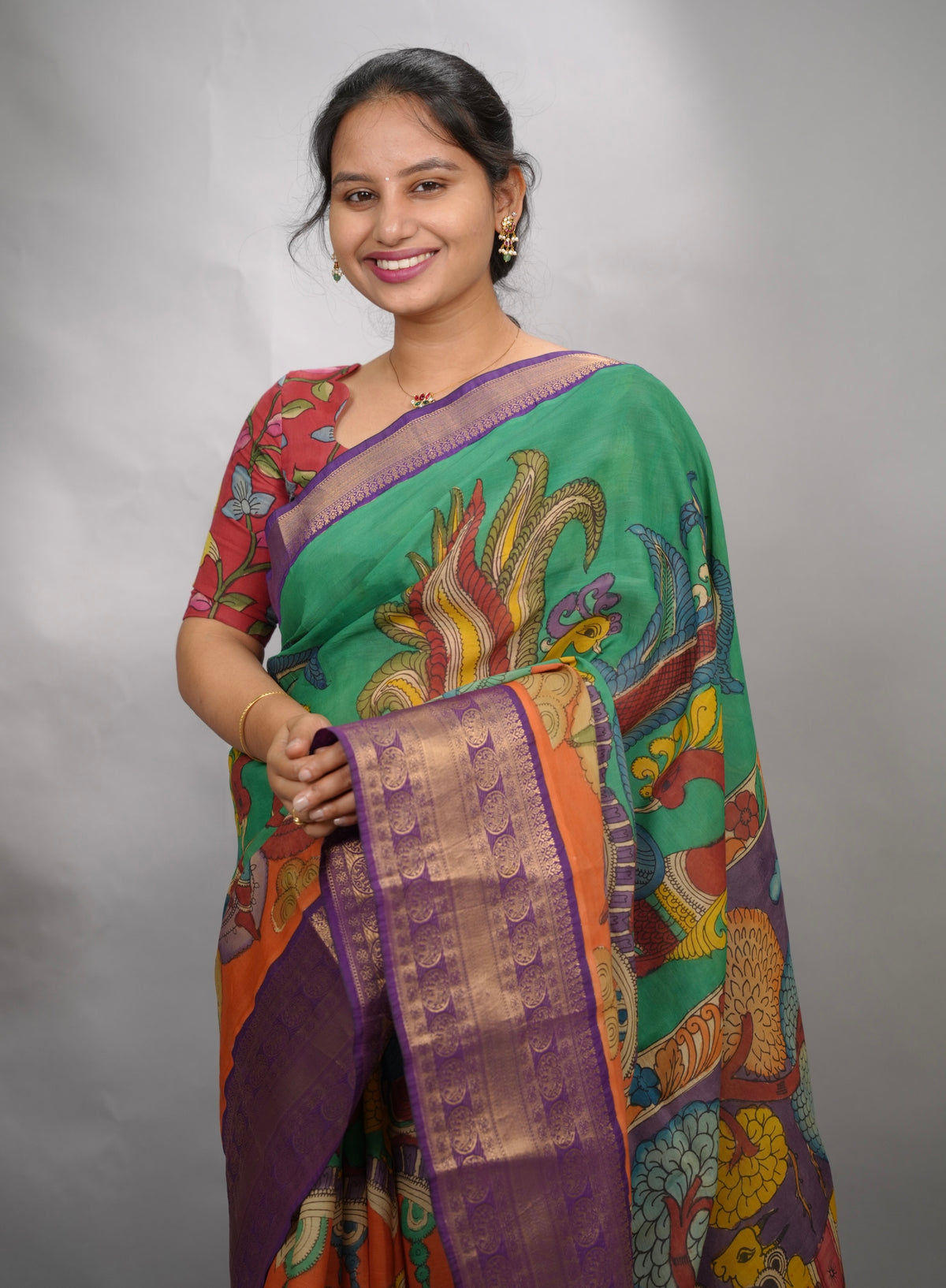 Green & Orange Hand Drawn Pen Kalamkari Bangalore Silk Kanchi Border Saree | Looms & Tassels