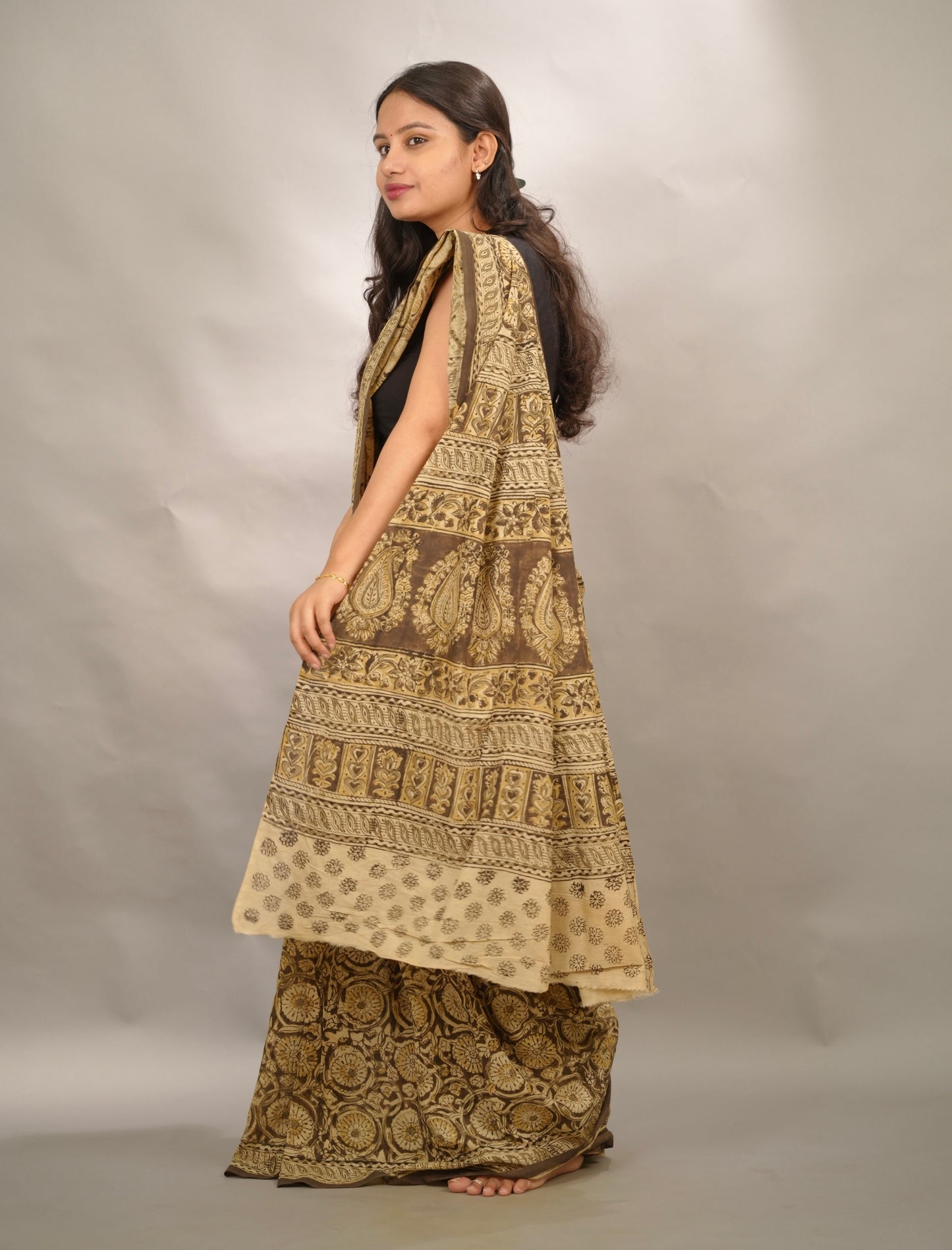Mehendi Green Hand Block Printed Kalamkari Cotton Saree | Looms & Tassels