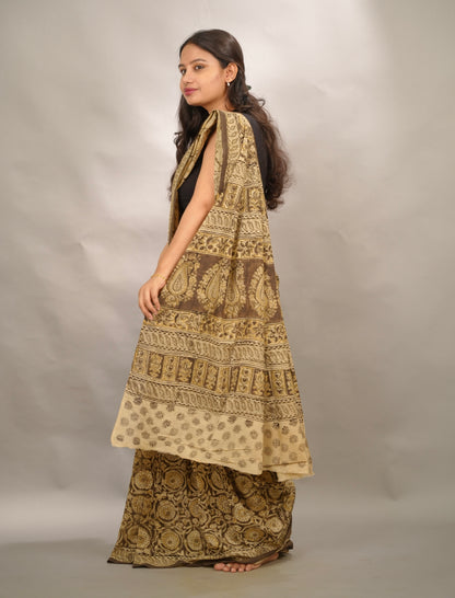 Mehendi Green Hand Block Printed Kalamkari Cotton Saree | Looms & Tassels