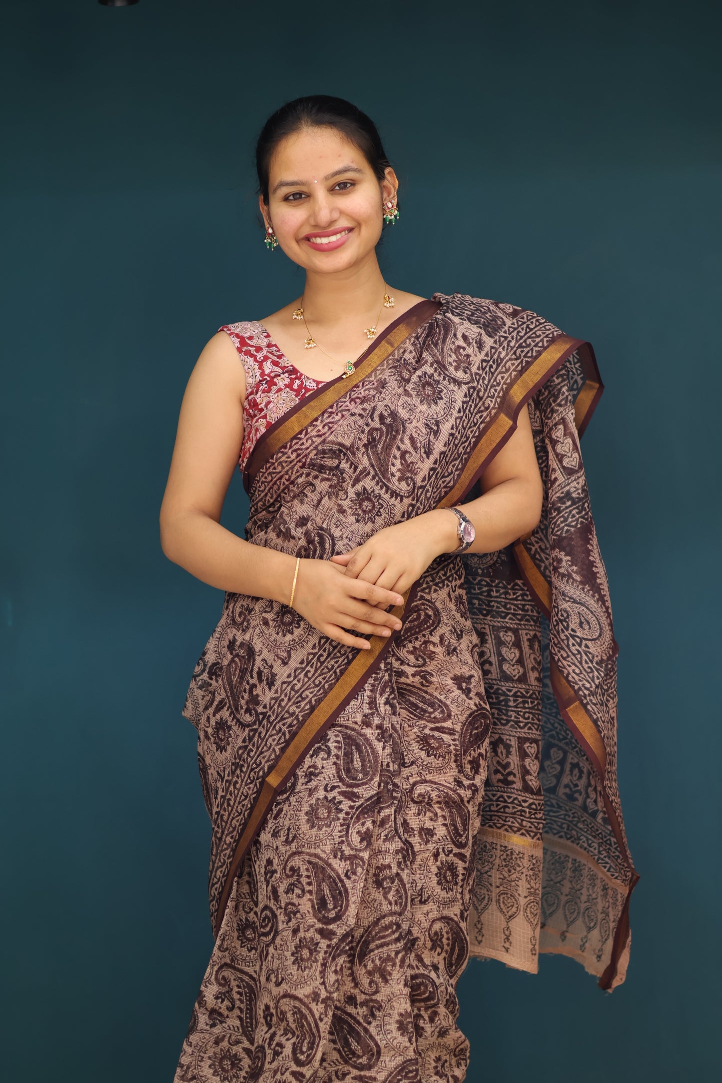 Cream Kalamkari Hand block printed Kota Doria Saree