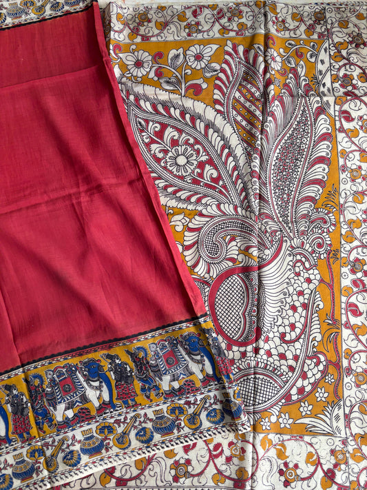 Red Kalamkari dyeing premium chennur silk saree