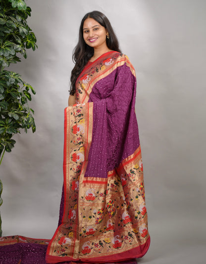 Purple Handcrafted Bandhani Paithani Dola Silk Saree | Looms & Tassels
