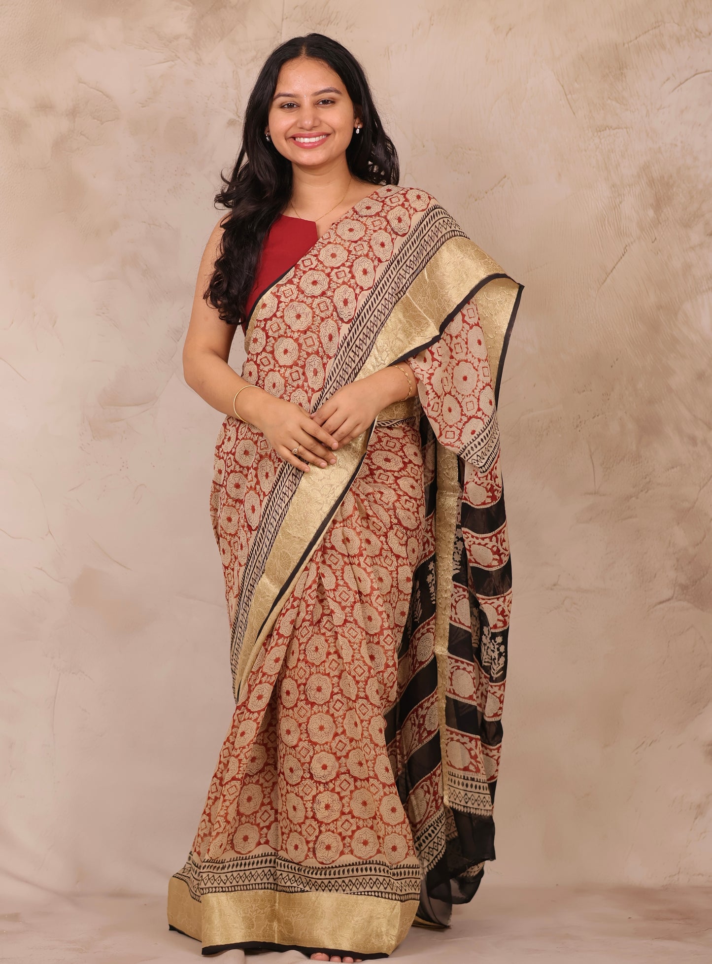 Maroon Chiffon Hand Block Printed Saree with Jari Border | Looms & Tassels