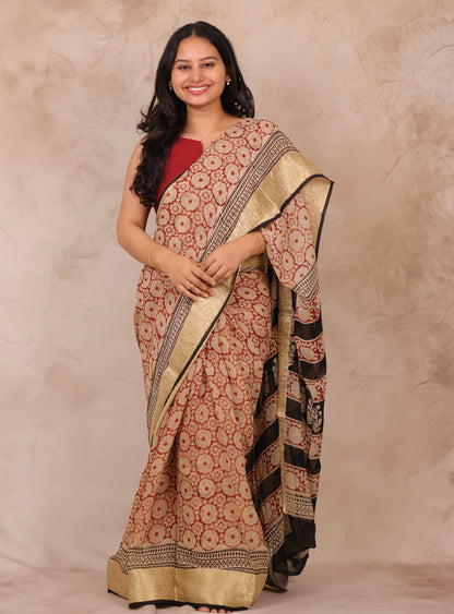 Maroon Chiffon Hand Block Printed Saree with Jari Border | Looms & Tassels