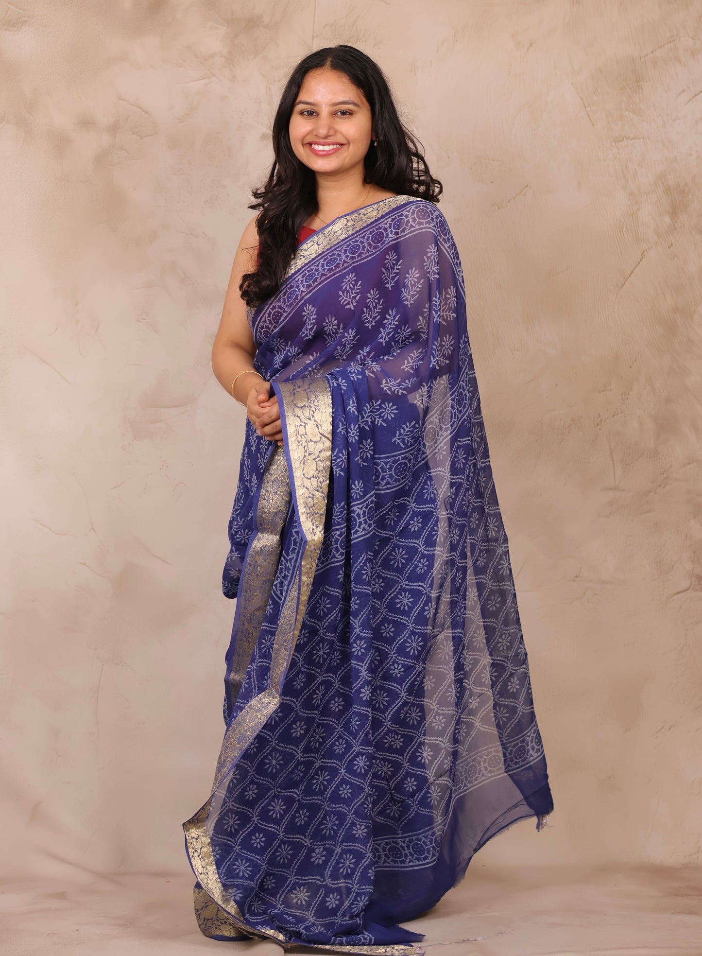 Blue Chiffon Hand Block Printed Saree with Jari Border | Looms & Tassels