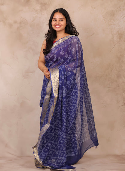 Blue Chiffon Hand Block Printed Saree with Jari Border | Looms & Tassels