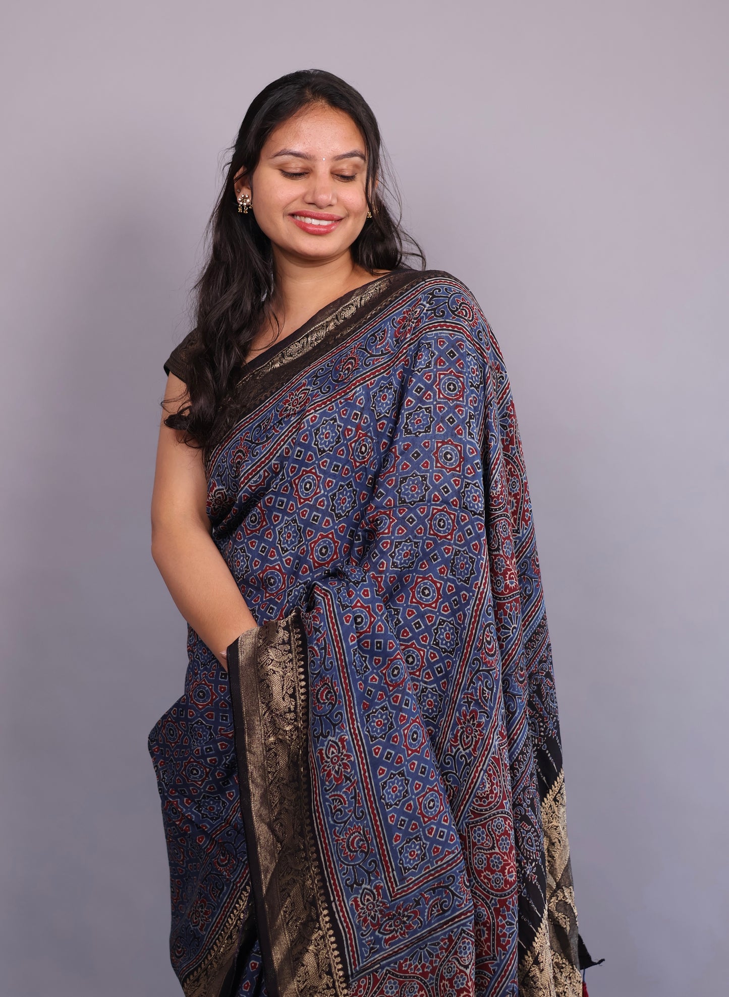 Indigo Blue Geometrical Pattern Ajrakh Handblock Printed Dola Silk Saree | Looms & Tassels