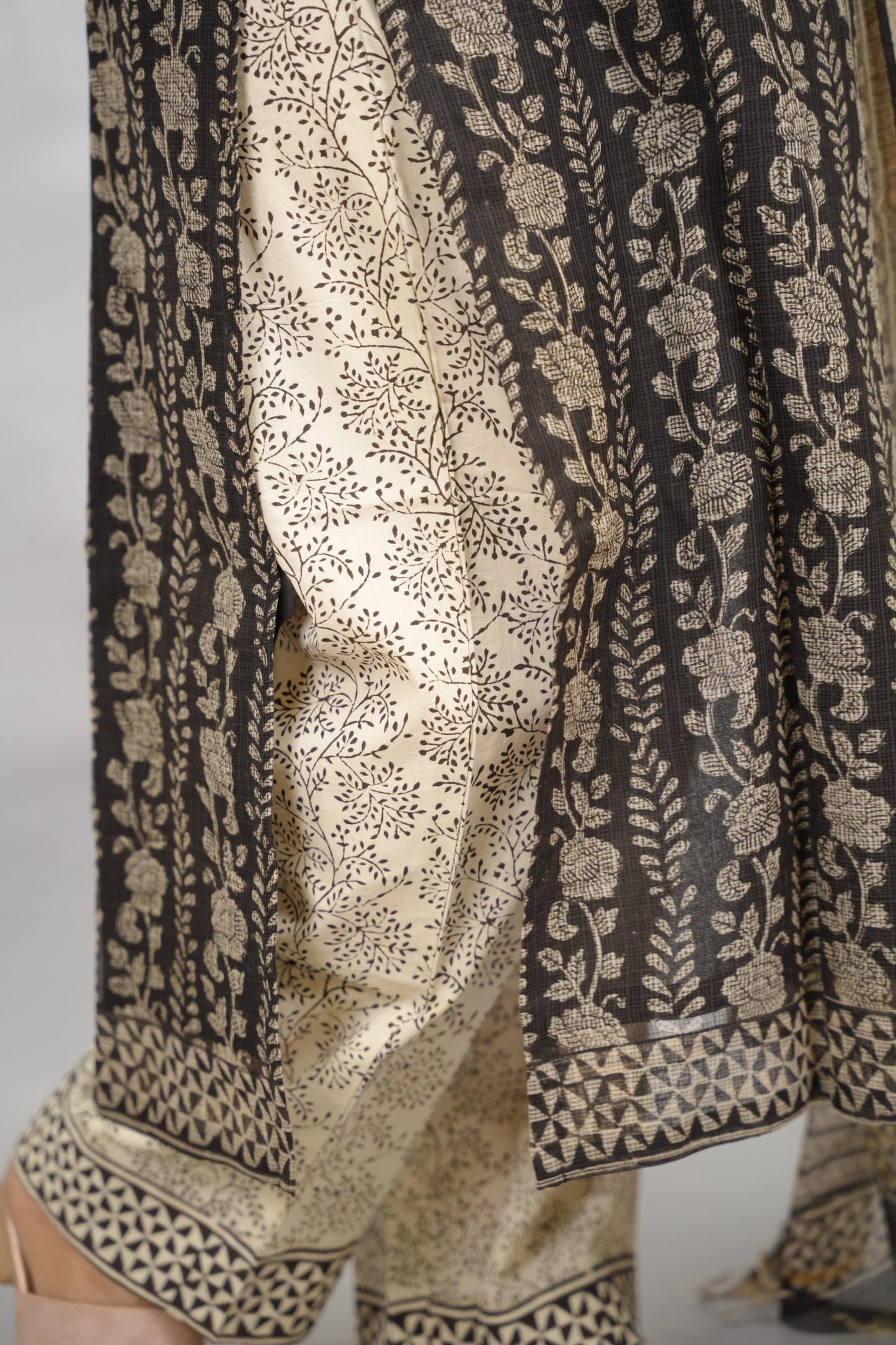 Black Handblock printed kota 3 piece suit (stitched)