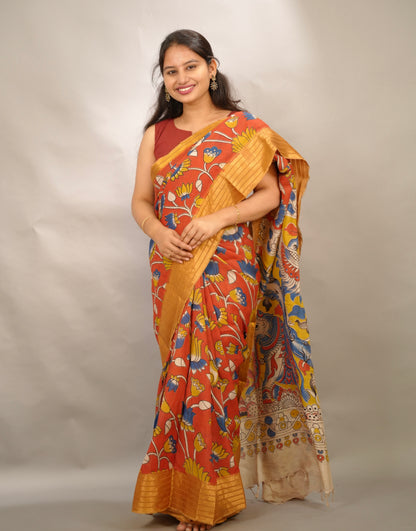 Rust Orange Kanchi border Kalamkari Chennur Silk Saree | Looms & Tassels