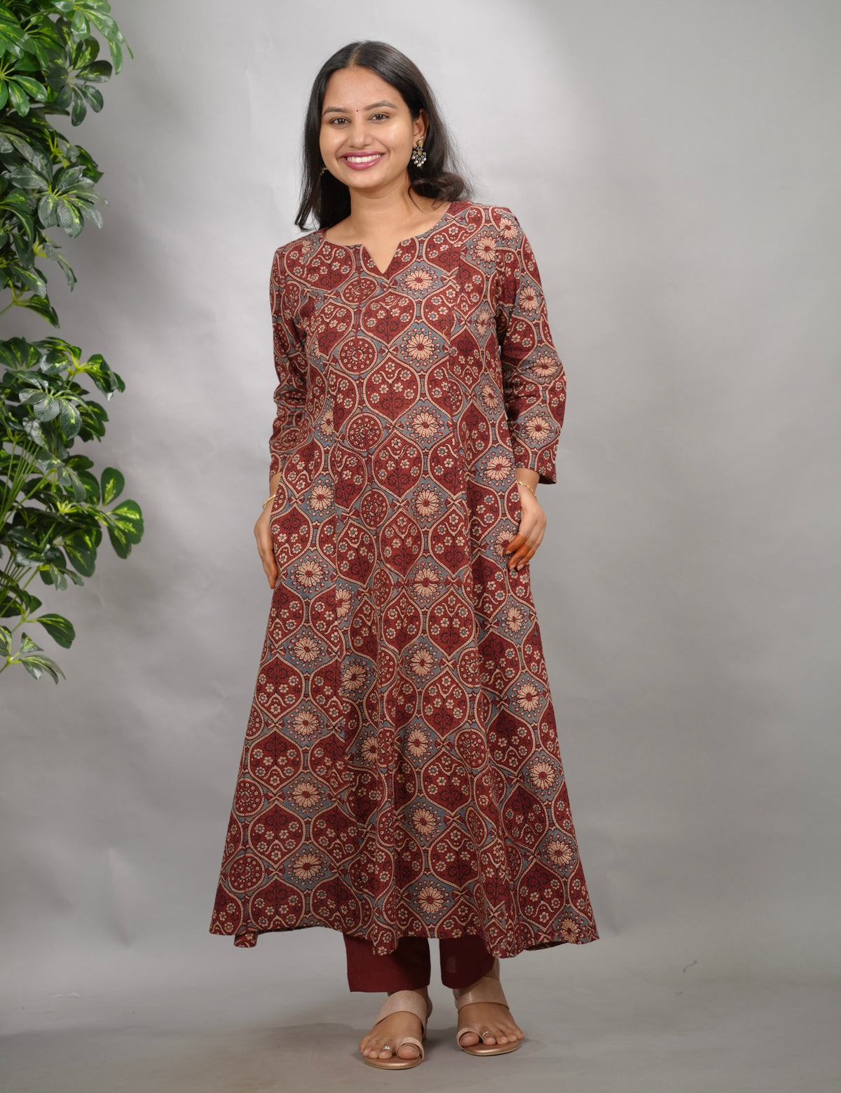 Maroon Ajrakh Cotton Kali Kurta | Looms & Tassels