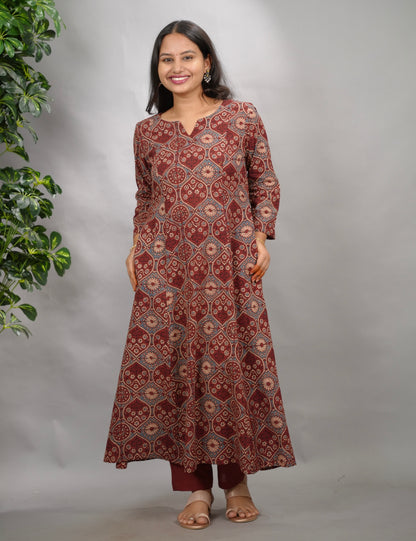 Maroon Ajrakh Cotton Kali Kurta | Looms & Tassels