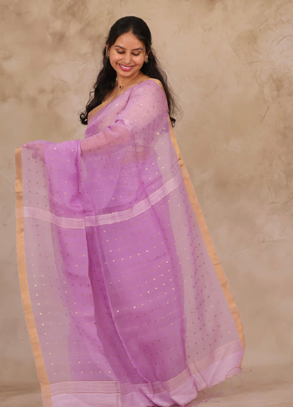 Pastel Lavender Handwoven Muslin Silk Saree With Sequence Work | Looms & Tassels