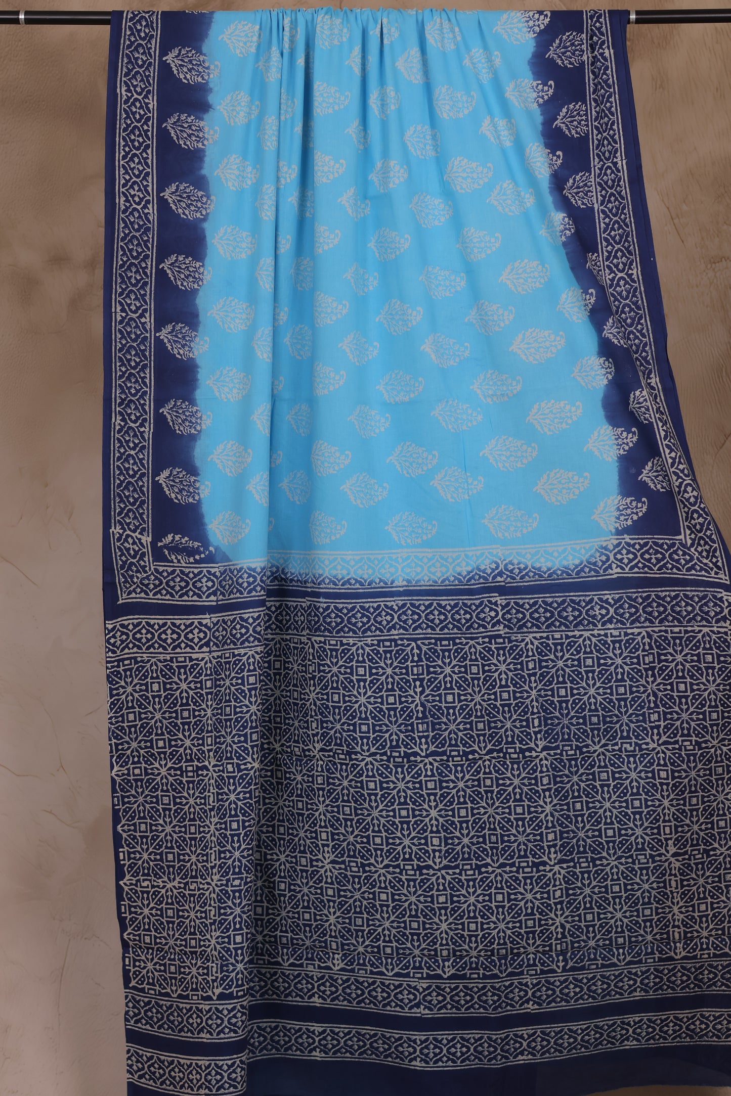 Blue Bagru Handblock printed MulMul cotton saree | Looms & Tassels
