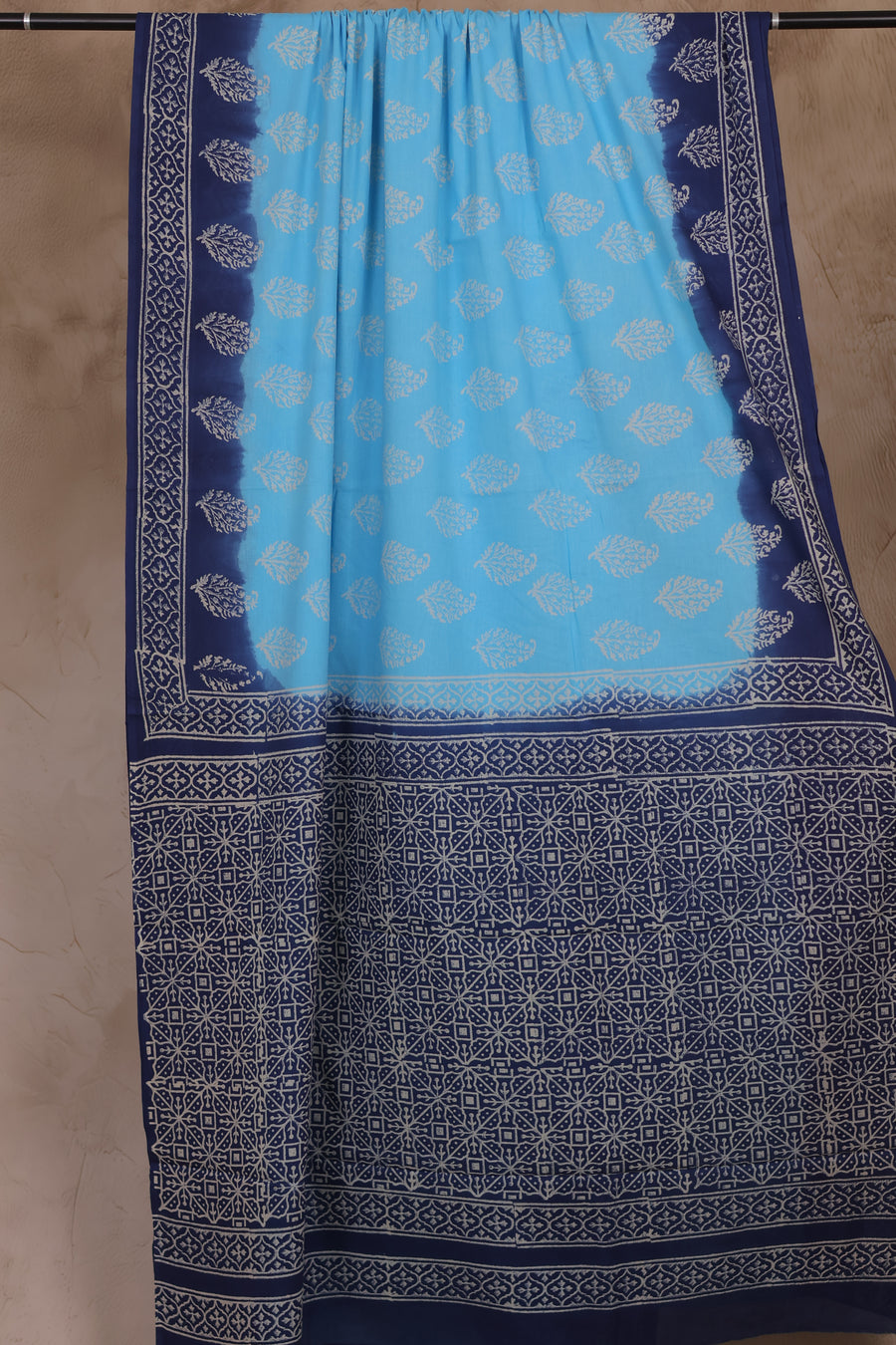 Blue Bagru Handblock printed MulMul cotton saree | Looms & Tassels