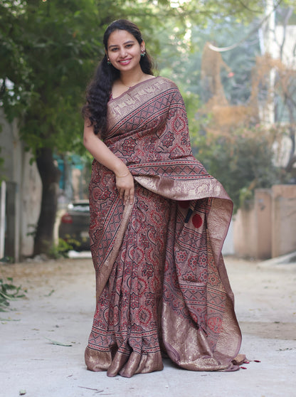 Traditional Badam Butta Ajrakh Handblock Printed Dola Silk Saree