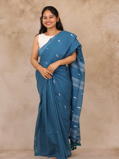 Blue Handwoven Malai Cotton Saree| Looms & Tassels
