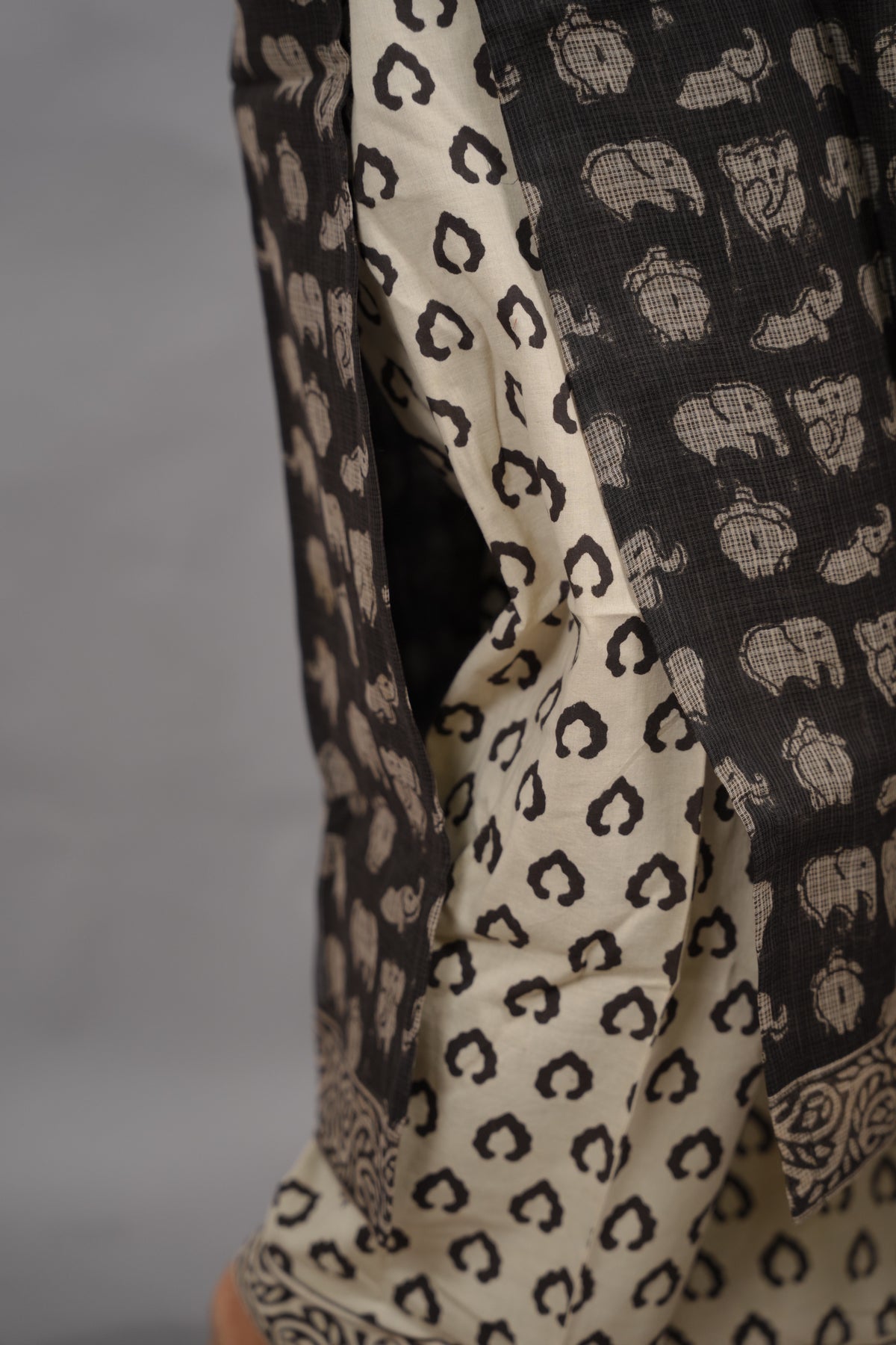 Black Handblock printed kota 3 piece suit (stitched) | Looms & Tassels