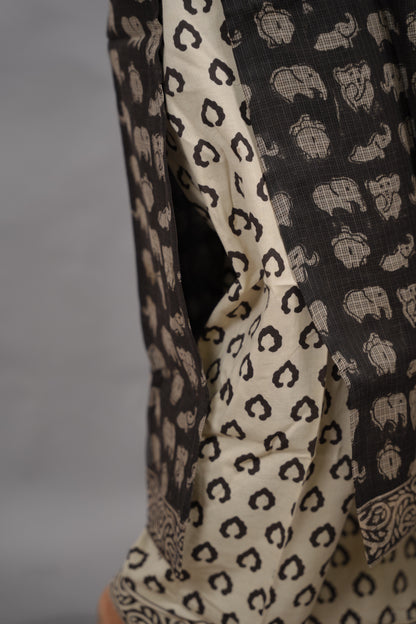 Black Handblock printed kota 3 piece suit (stitched) | Looms & Tassels