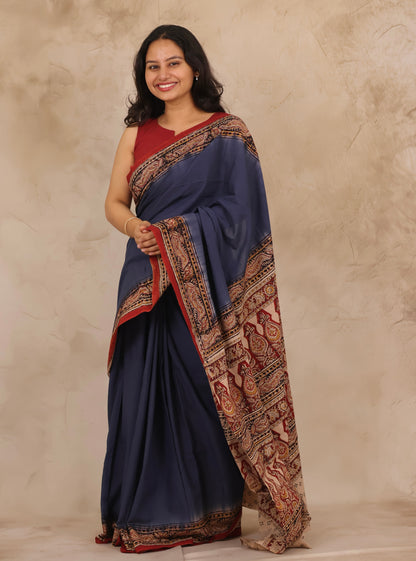 Blue Hand Block Printed Kalamkari Cotton Saree | Looms & Tassels