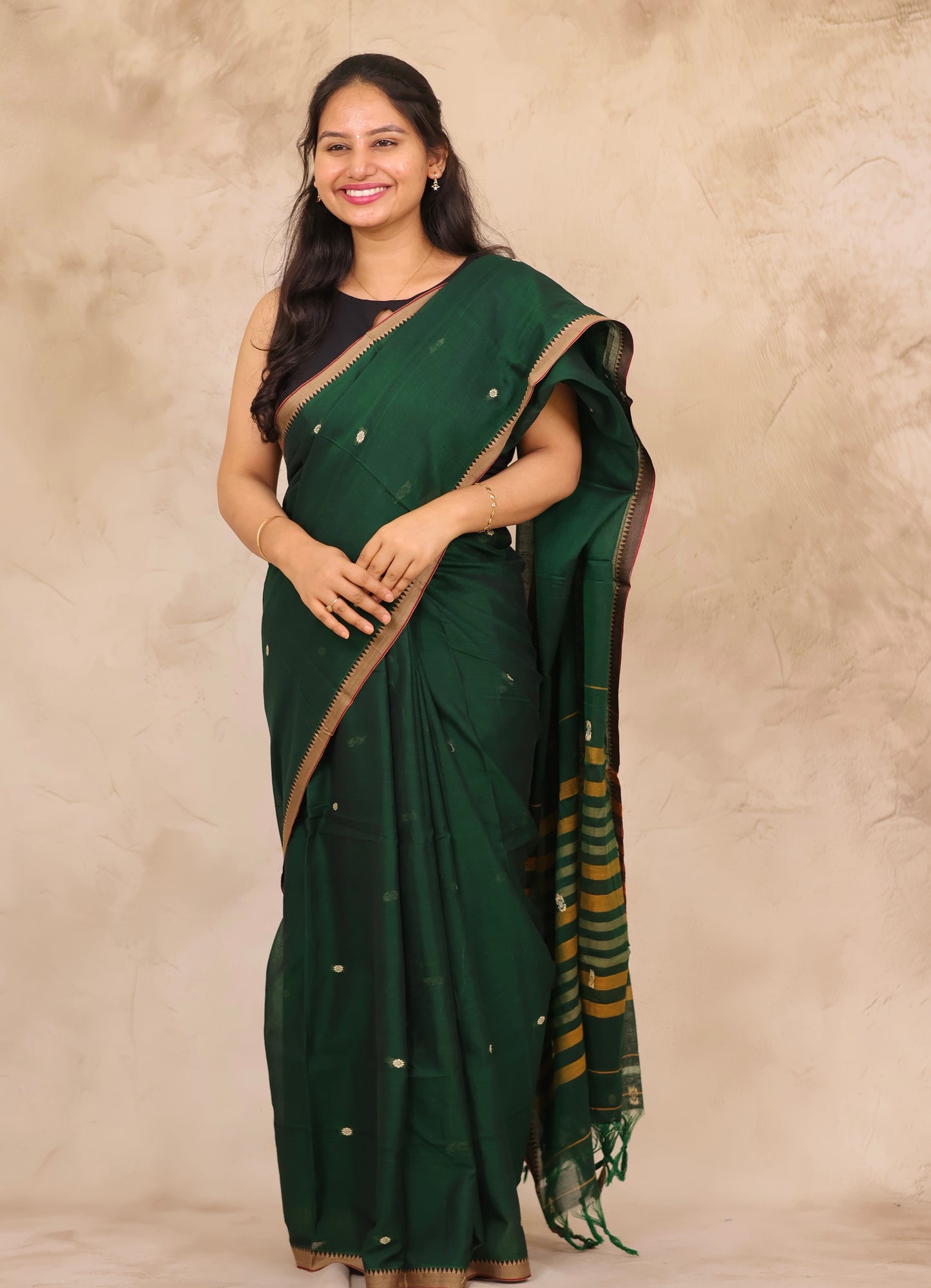Green Narayanpet Cotton Saree With Butta Weaving | Looms & Tassels