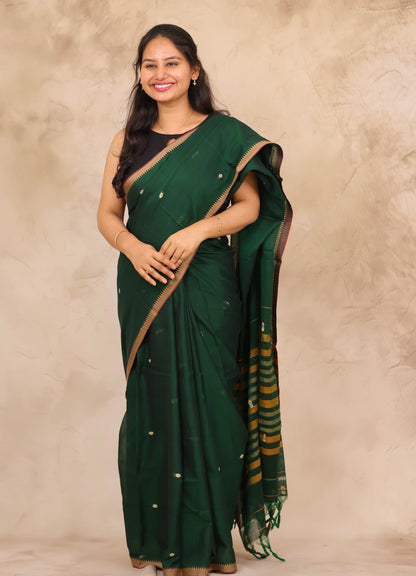 Green Narayanpet Cotton Saree With Butta Weaving | Looms & Tassels