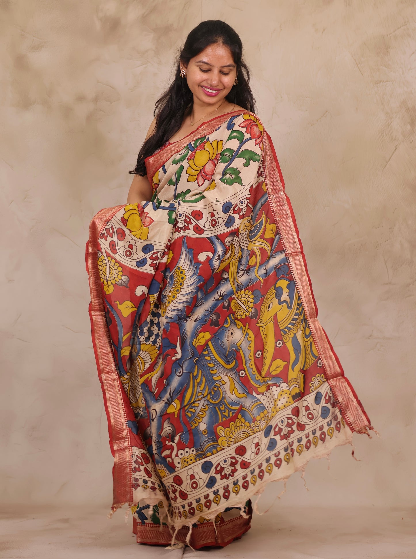 Cream Lotus Kalamkari Nizam Border Chennur Silk Saree | Looms & Tassels
