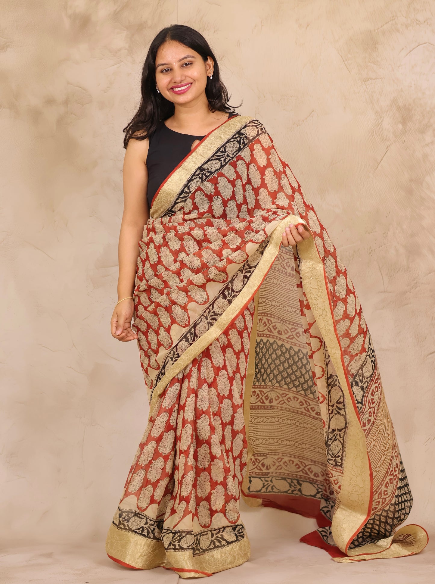 Maroon Chiffon Hand Block Printed Saree with Jari Border | Looms & Tassels