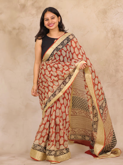 Maroon Chiffon Hand Block Printed Saree with Jari Border | Looms & Tassels