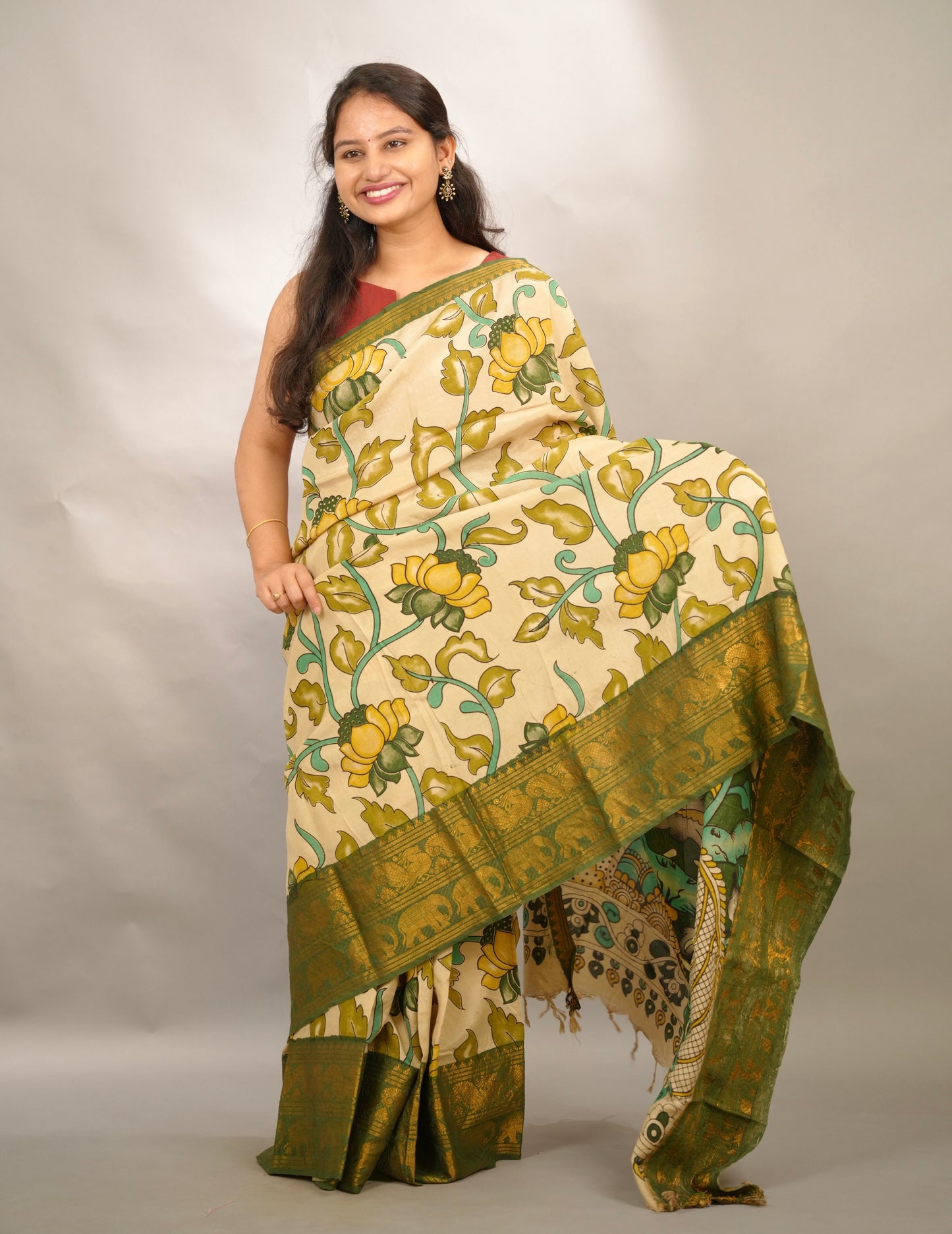 Green Kanchi border Kalamkari chennur silk saree