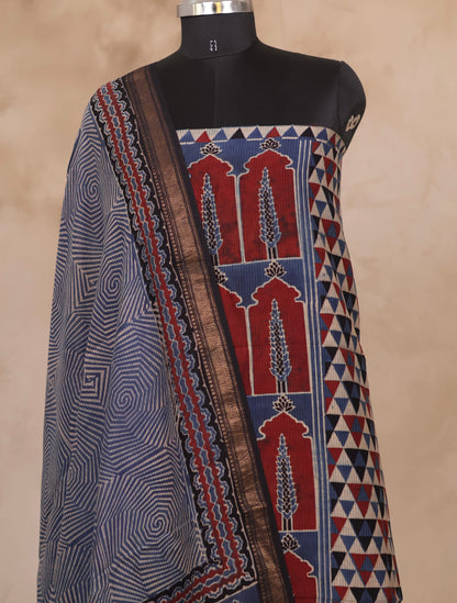 Maheswari Silk Cotton Ajrakh Handblock Printed 2 Piece Suit Set | Looms & Tassels