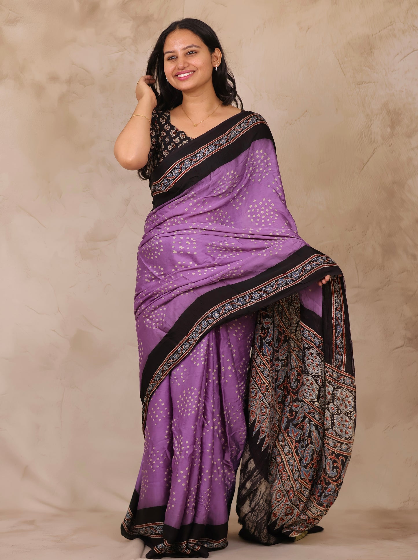 Lavender Hand Knotted Bandhej Arakh Modal Silk Saree with Lagdi Pallu | Looms & Tassels