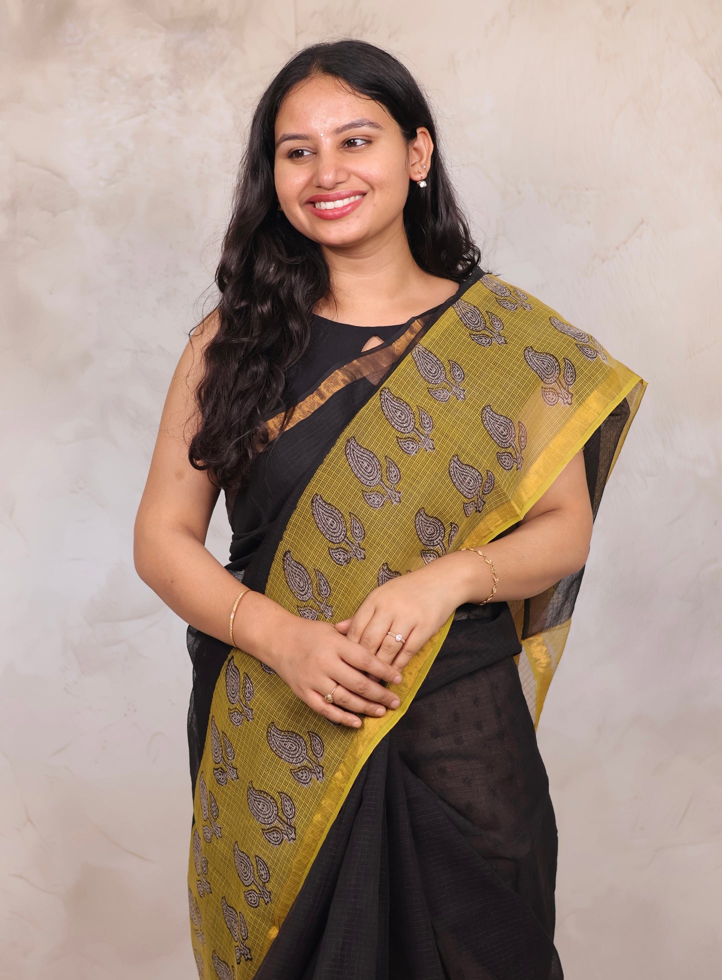 Black & Yellow Pure Kota Doria Saree with Bagru Handblock Prints | Looms & Tassels